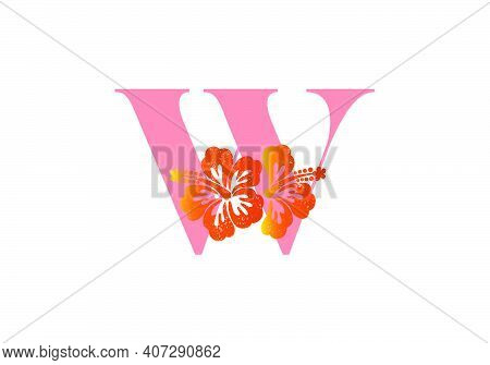 Monogram Initials Letter W With Hibiscus Flower On White Background.