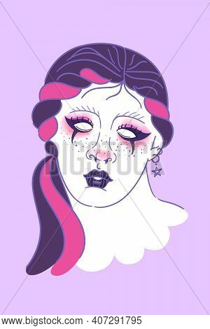 Woman Antique Bust With Goth Makeup. Stylized Vector Of Greek Statue In E-girl Style, Cute Pink Nose