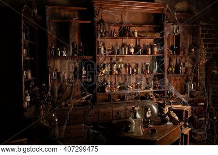 Halloween Background Shelves With Alchemy Tools Skull Spiderweb Bottle With Poison Candles Witcher W