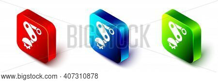 Isometric Derailleur Bicycle Rear Speed Folding Icon Isolated On White Background. Red, Blue And Gre