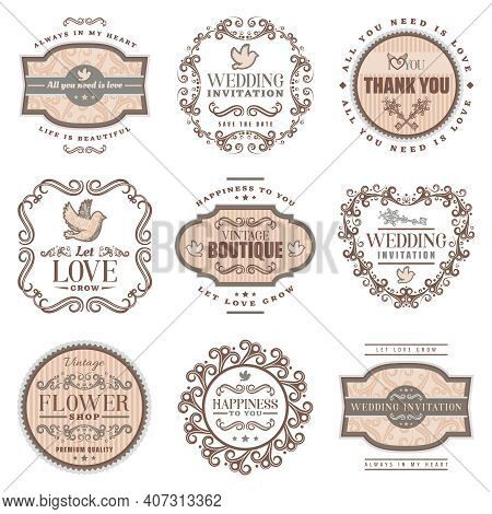 Vintage Romantic Labels Set With Wedding Invitation Love Amorous Inscriptions Pigeon Ornamental Fram