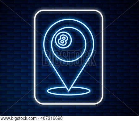 Glowing Neon Line Map Pointer With Billiard Pool Snooker Ball With Number 8 Icon Isolated On Brick W