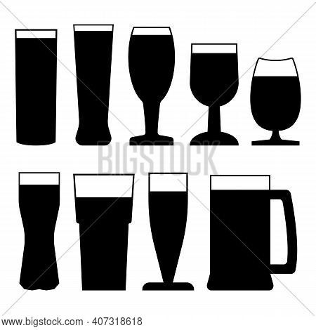 Silhouettes Beer Mugs And Glasses. Full Mugs With Beer. Vector Clipart. Black Illustrations On Clear