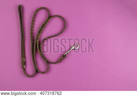 An Old Leather Dog Leash On A Pink Background. Braided Brown Leash With Metal Clasp. Top View, Flat 