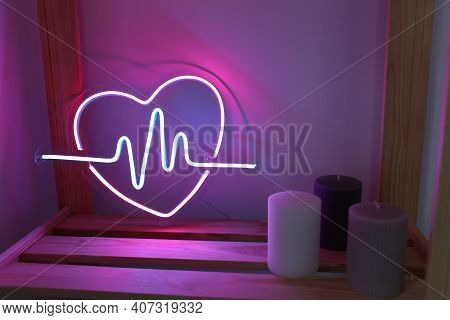 Neon Sign Pink And Blue Heart In The Decor Of The Home. Trendy Style. Neon Sign. Custom Neon. Home D