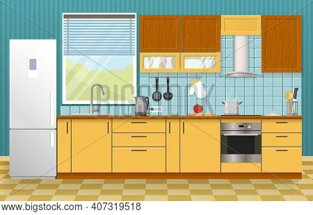 Kitchen Interior Concept With Window Yellow Cupboards And Cabinets Blue Textural Wall And Tiled Floo