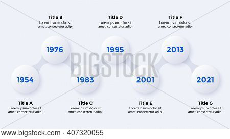 Timeline Neumorphic Vector Infographic Timeline. 7 Steps. Presentation Slide Template. Clean Minimal