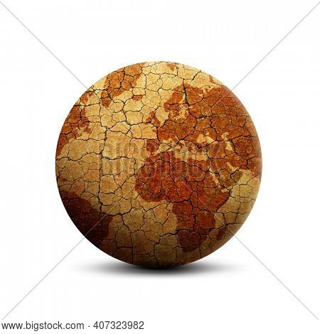 Parched planet earth isolated on a white background. Global warming or change climate concept. Environmental problems.