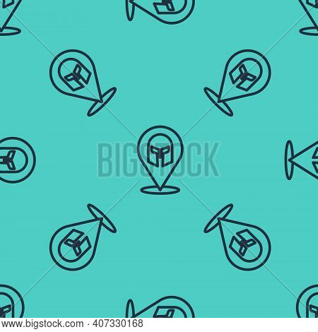Black Line Greek Helmet Icon Isolated Seamless Pattern On Green Background. Antiques Helmet For Head