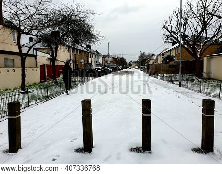 LONDON, UK - 9th February 2021: Becontree estate in Dagenham, East London, on snowy winters day.