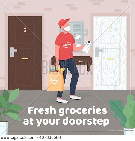Home Delivery Social Media Post Mockup. Fresh Groceries At Your Doorstep Phrase. Web Banner Design T