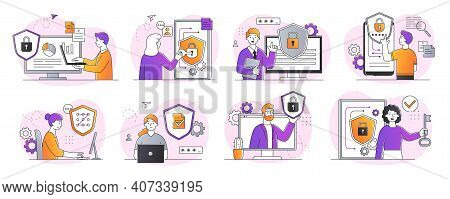 Collection Of Digital Data Protection Abstract Designs. Including Cyber Security, Data Center, Right