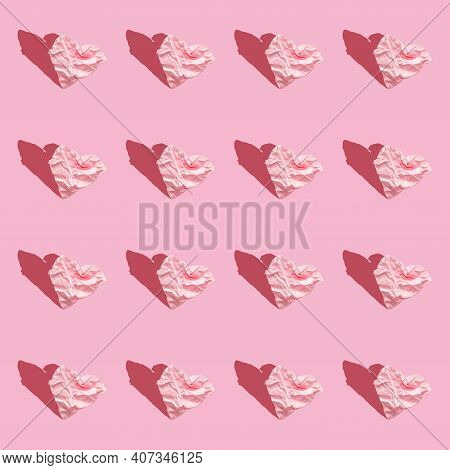 Pattern - Hearts From Crumpled Paper On Pink Background. Seamless Background With Hearts, Hard Light