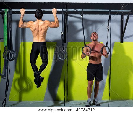 dip ring and toes to bar man pull-ups men workout at gym