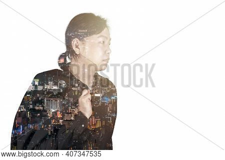 Asian Man In Black Suit In Multi Exposure Arial And Capital Building Landscape Effect.
