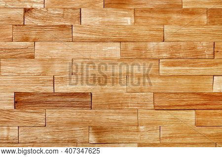 Beautiful Wall Of Chipped Wooden Planks, Natural Texture And Background. The Mosaic Is Laid Out Hori