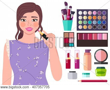 Beautiful Young Girl Makes Look And Does Makeup, Looks After Beauty And Paints Lips Isolated On Whit