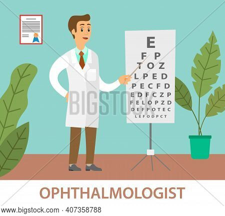 Optometrist Points To The Table For Testing Visual Acuity. A Doctor In A White Coat Is Conducting A 