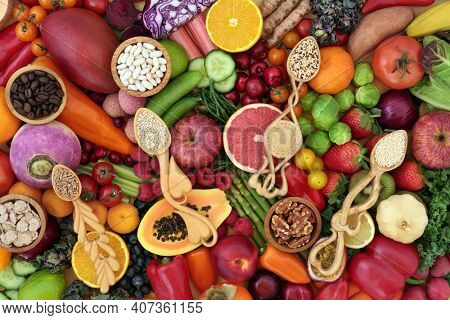 Low cholesterol vegan health food high in antioxidants with fruit, vegetables, cereals, grain, legumes and coffee. High in fibre, anthocyanins, carotenioids, vitamins, minerals and smart carbs.  