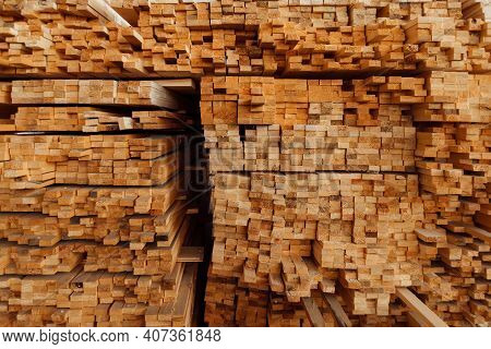 Warehouse Of Wooden Boards, Background Texture Of Wood Harvested For Shipment To The Factory, Finish
