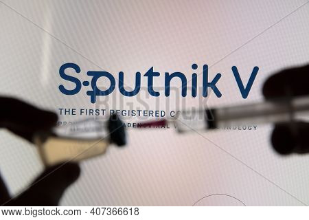 Oxford, Uk - February 2020: Sputnik V Covid Vaccine Logo With Syringe And Vial