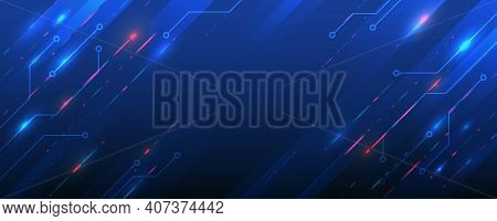 Wide Background With Various Technological Elements. Hi-tech Computer Digital Technology Concept. Ab