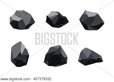 Collection Of Coal Black Mineral Resources. Pieces Of Fossil Stone. Polygonal Shapes Set. Black Rock