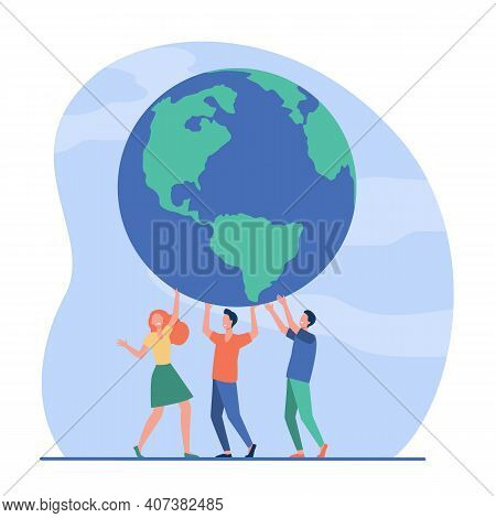 Tiny People Holding Globe Together And Smiling. Earth, Team, Planet Flat Vector Illustration. Enviro