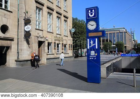 Bochum, Germany - September 17, 2020: People Walk By U-bahn Station In Bochum, Germany. It Is Part O