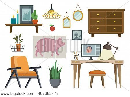 Set Of Furniture In The Scandinavian Fashion. Items For The Blogger's Office. Vector Illustration In