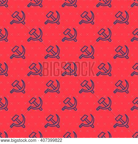 Blue Line Hammer And Sickle Ussr Icon Isolated Seamless Pattern On Red Background. Symbol Soviet Uni