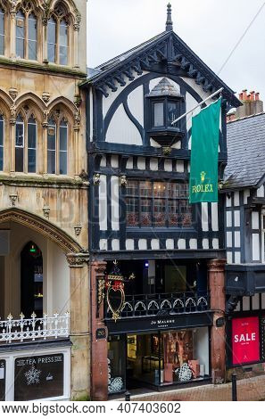 Chester; Uk: Jan 29, 2021: A Flag Promoting Watches Hangs Above The Mappin And Webb Shop Which Is On