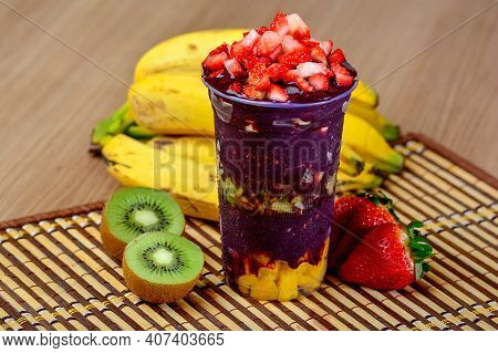 Acai Cup With Strawberry Topping Banana, Kiwi, Delicious Brazilian Açaí Creamy