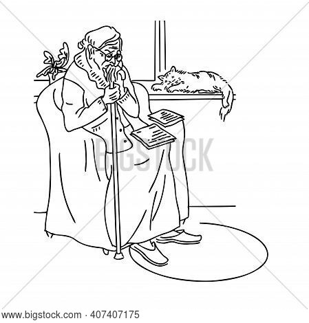 Depression, Frustration, Loneliness, The Concept Of Old Age. Old Grandmother Sits On A Chair And Fee