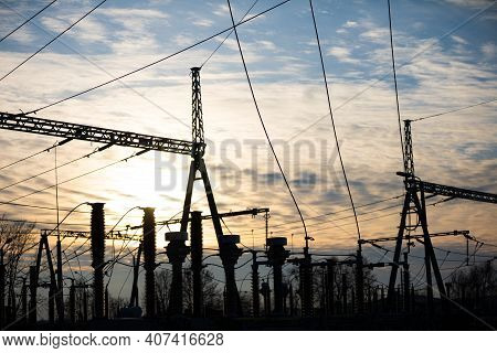 Modern And Industrial, High Voltage Electrical Power Relay Station With A Suspended Lightning Protec