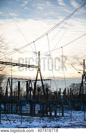 Modern And Industrial, High Voltage Electrical Power Relay Station With A Suspended Lightning Protec