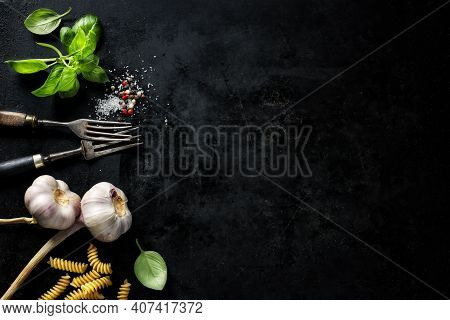 Food Background. Italian Cuisine. Ingredients On Dark Background. Cooking Concept. Cooking Backgroun