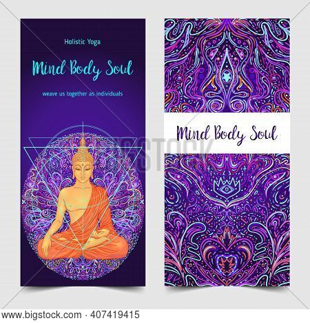 Yoga Card, Flyer, Poster, Mat Design. Colorful Design Template For Spiritual Retreat Or Yoga Studio.