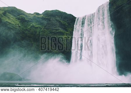Scogafoss Waterfall In Iceland. Travel Summer Nordic Concept. Natural Icelandic Background.