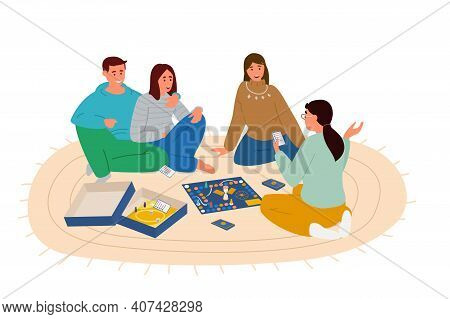 Group Of Friends Playing Board Game Sitting On The Floor Vector Illustration. Woman Explaining Words