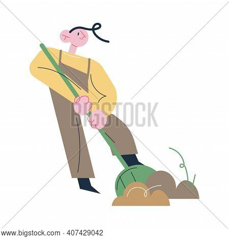 Man Gardener In Working Clothes Digging Ground With Showel
