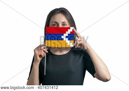 Happy Young White Woman Holding Flag Nagorno-karabakh Republic Flag And Covers Her Face With It Isol