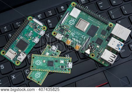 Galati, Romania - February 09, 2021: Close-up Of Raspberry Pi Pico, Raspberry Pi 4B And Raspberry Pi
