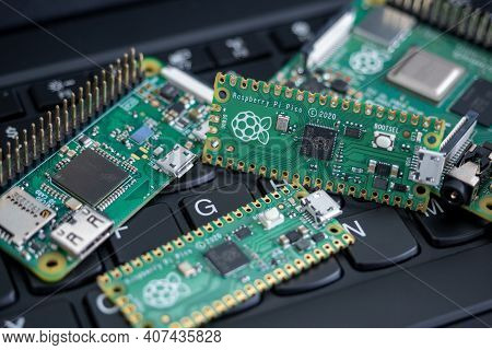 Galati, Romania - February 09, 2021: Close-up Of Raspberry Pi Pico, Raspberry Pi 4B And Raspberry Pi