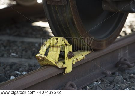 Railroad Brake Shoe Of A Train, Transport And Mobility By Rail