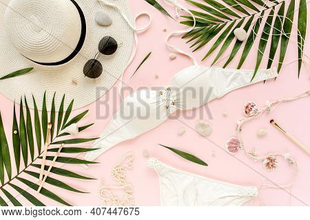 Traveler Accessories, Women Summer Bikini Set Swimsuit, Tropical Palm Leaf Branches On Pink Backgrou