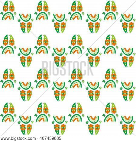 Rainbaw And Green Gnomes Seamless Vector Pattern With Shamrock. Irish Traditional Festival Symbols. 