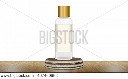 Skin Care Products On Wooden Background White Background Cosmetic Products Transparent Bottle Golden