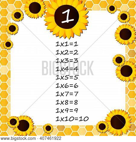 Multiplication Square. School Vector Illustration With Sunflowers And Honeycomb Shapes. Multiplicati