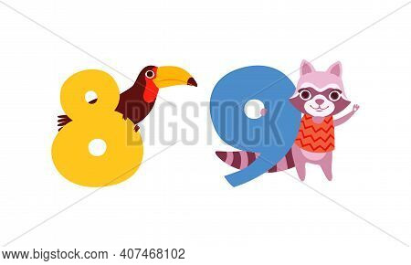 Eigth And Nine Numbers With Cute Toucan And Raccoon, Birthday Anniversary Numerals With Funny Animal